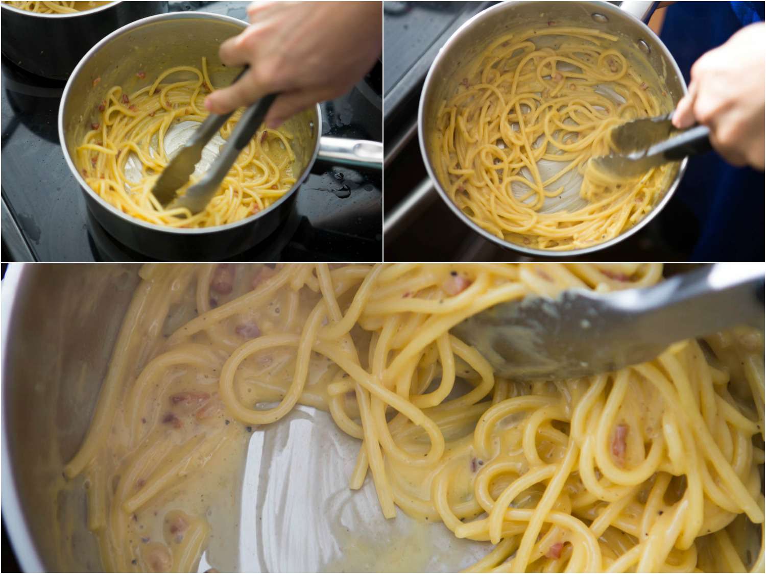 照片拼贴显示完成的只是意大利面条在锅里加热。gydF4y2Ba