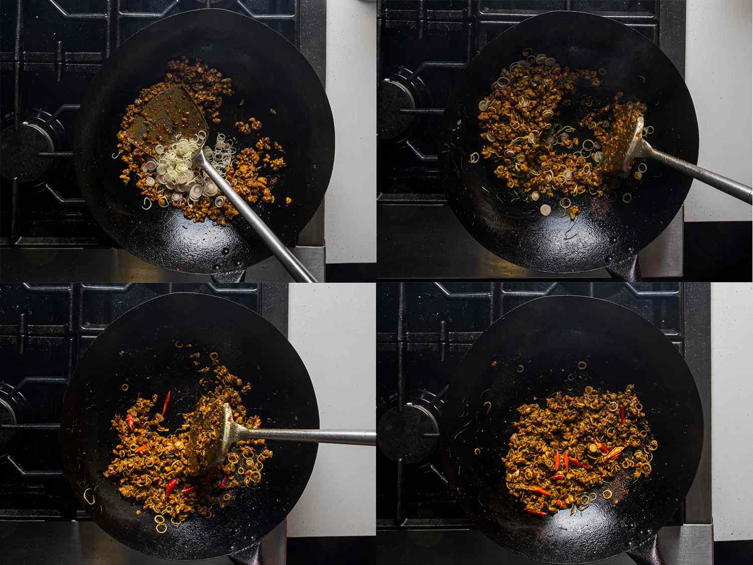 鸡肉、咖喱、柠檬草和辣椒的拼贴画，用金属刮刀在锅里煮