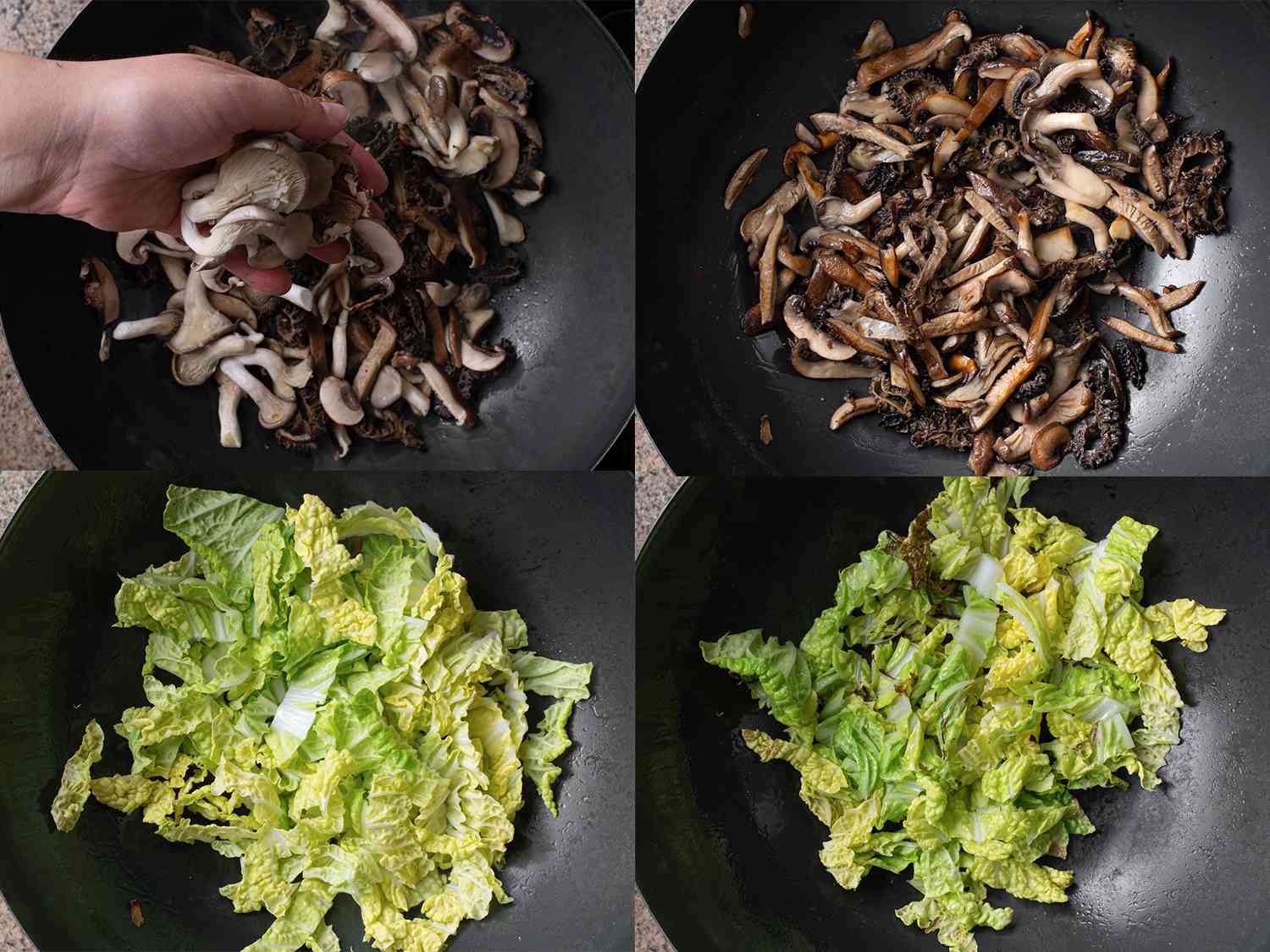 4个成像拼贴。左上角的图像显示了排水和新鲜的蘑菇被添加到一个锅。右上角的图片显示的是蘑菇,现在在锅里炒在一起。左下角的图片显示的是切白菜添加到锅中。现在右下角的图像显示了白菜轻轻在锅里炒。