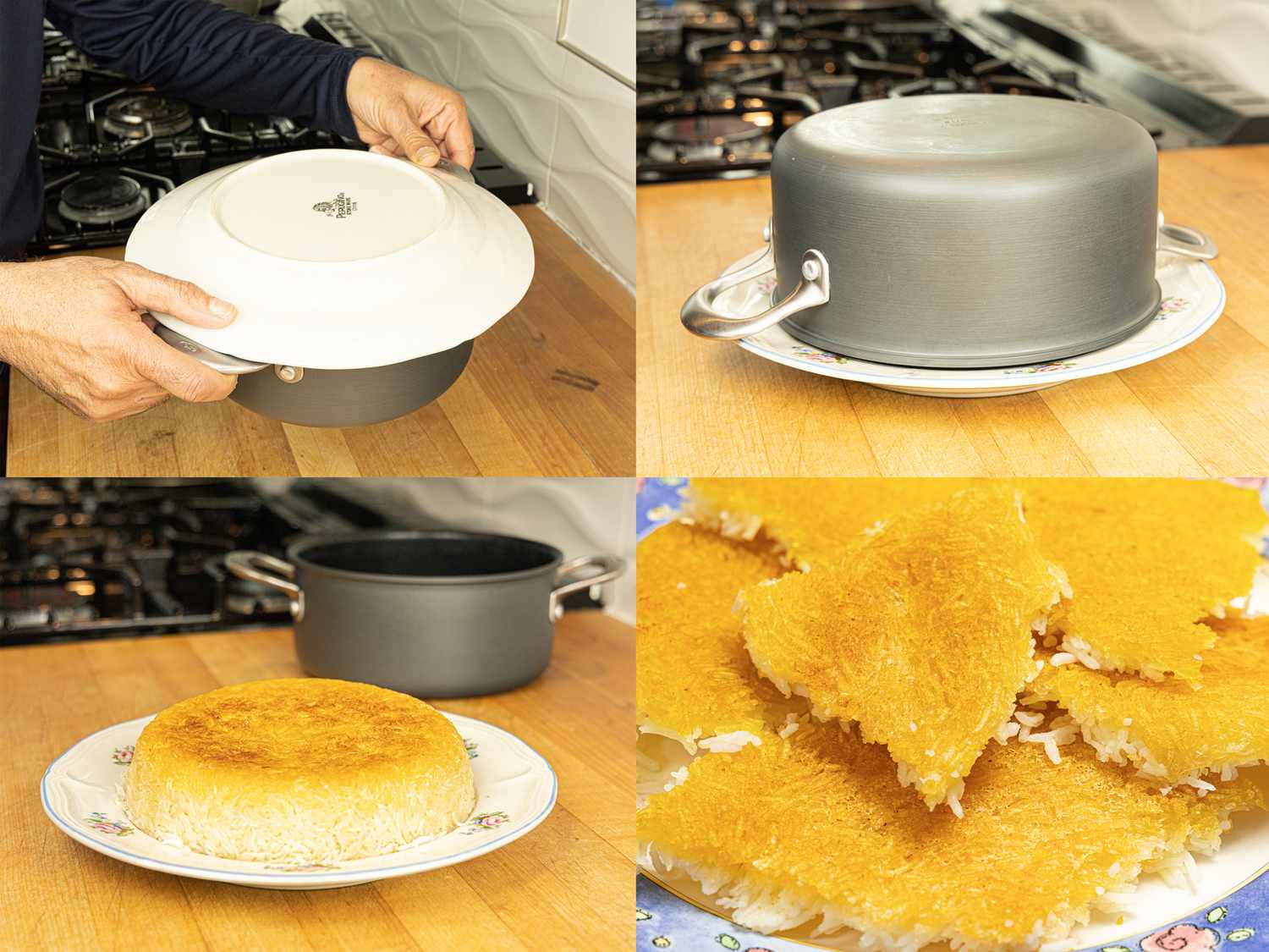 四幅图像拼贴画，展示了将盘子放在米饭锅上的步骤，将锅和盘子倒置，锅从盘子上移开，盘子上的tahdig的特写