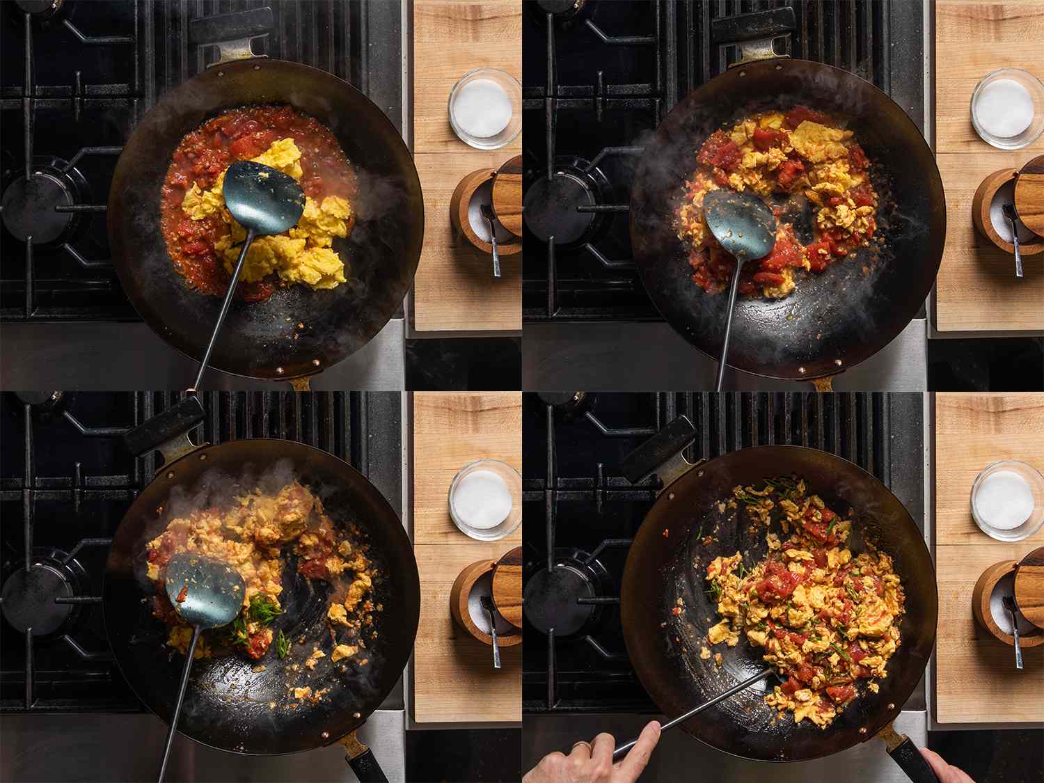 4个图片拼贴的一步一步的照片搅拌炒鸡蛋西红柿在锅里。