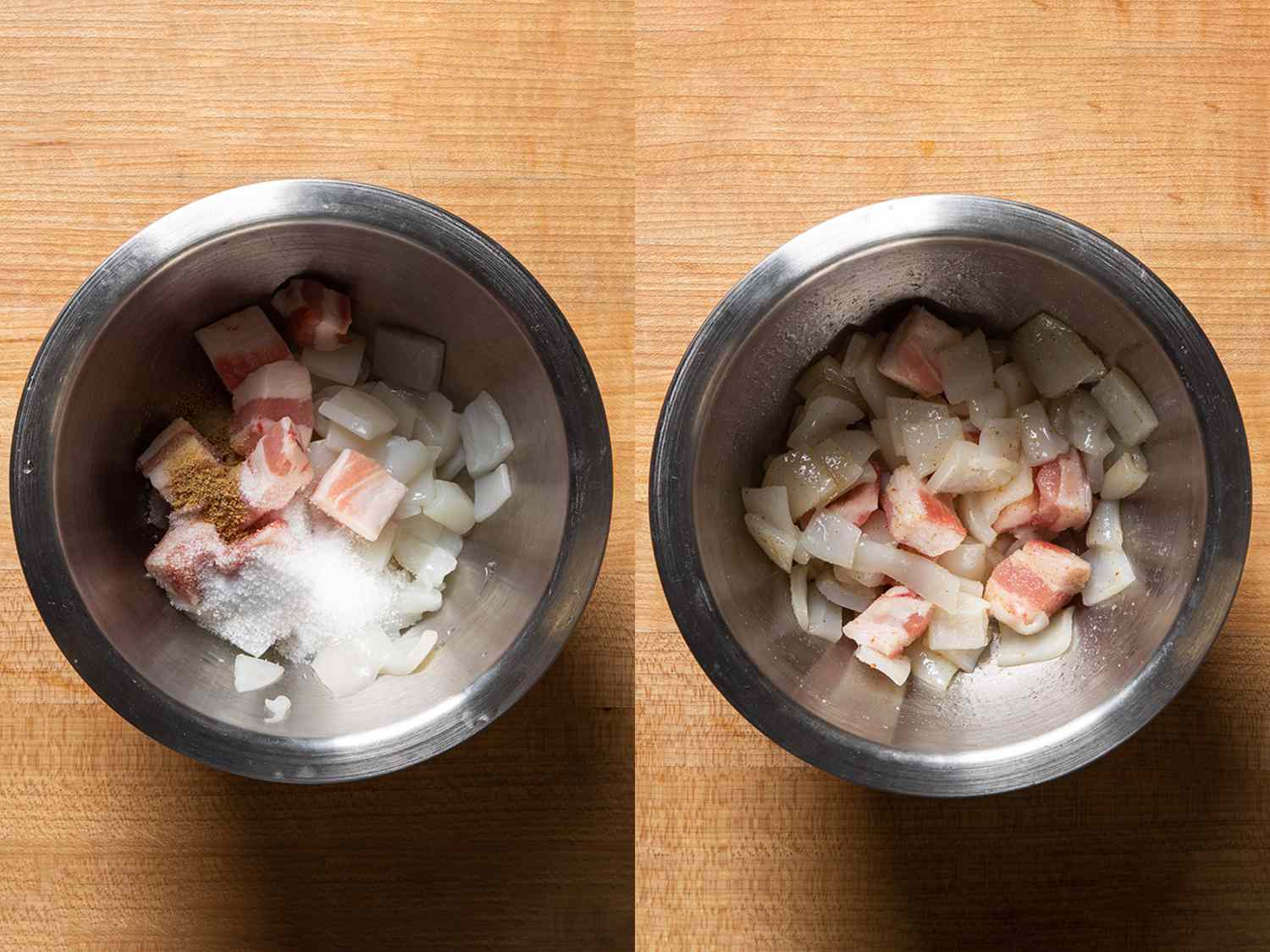 二图像拼贴。第一张照片是一个金属碗，里面有鱿鱼、猪肉和调味料，没有混合。第二张照片是混合了所有食材的碗开云体育波胆