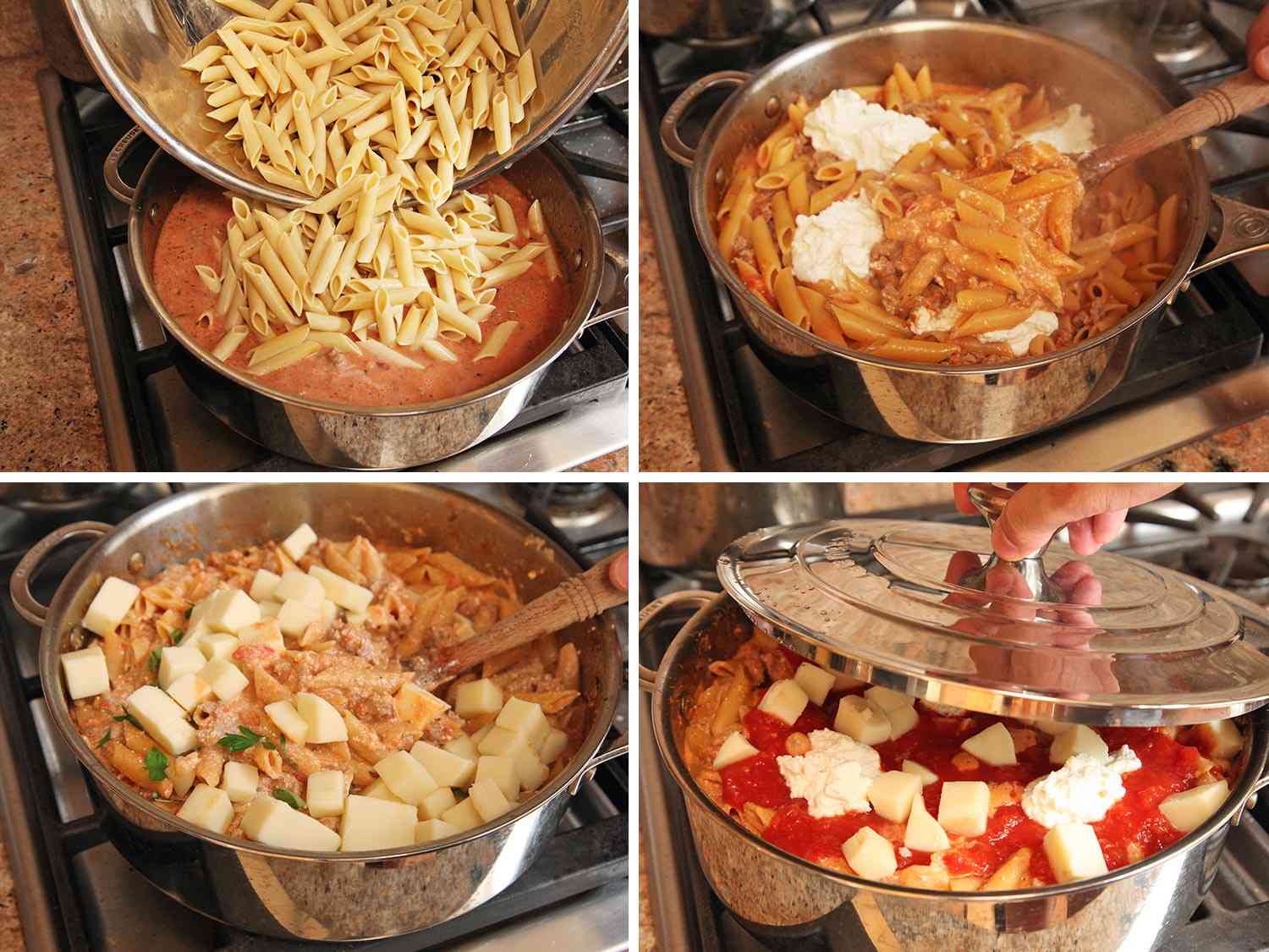 拼贴:在酱汁中加入意大利面，在酱汁中加入乳清干酪和马苏里拉奶酪，用盖子盖住平底锅。