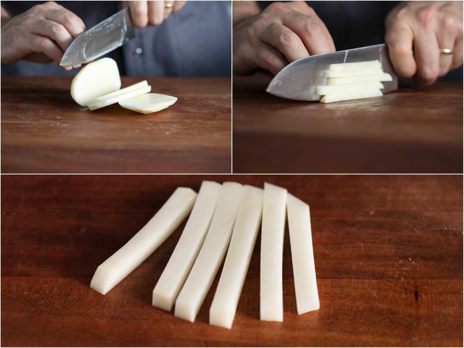 处理只用一把刀切薯条土豆条的照片:切片，切成条，完成条