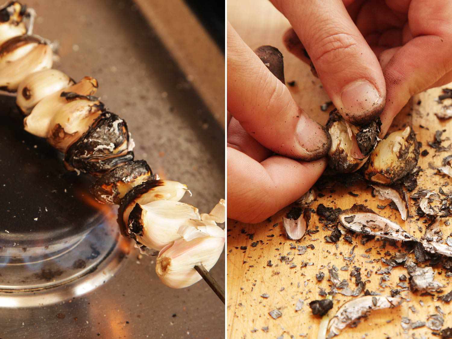 A collage showing garlic cloves on a skewer being charred and peeled.