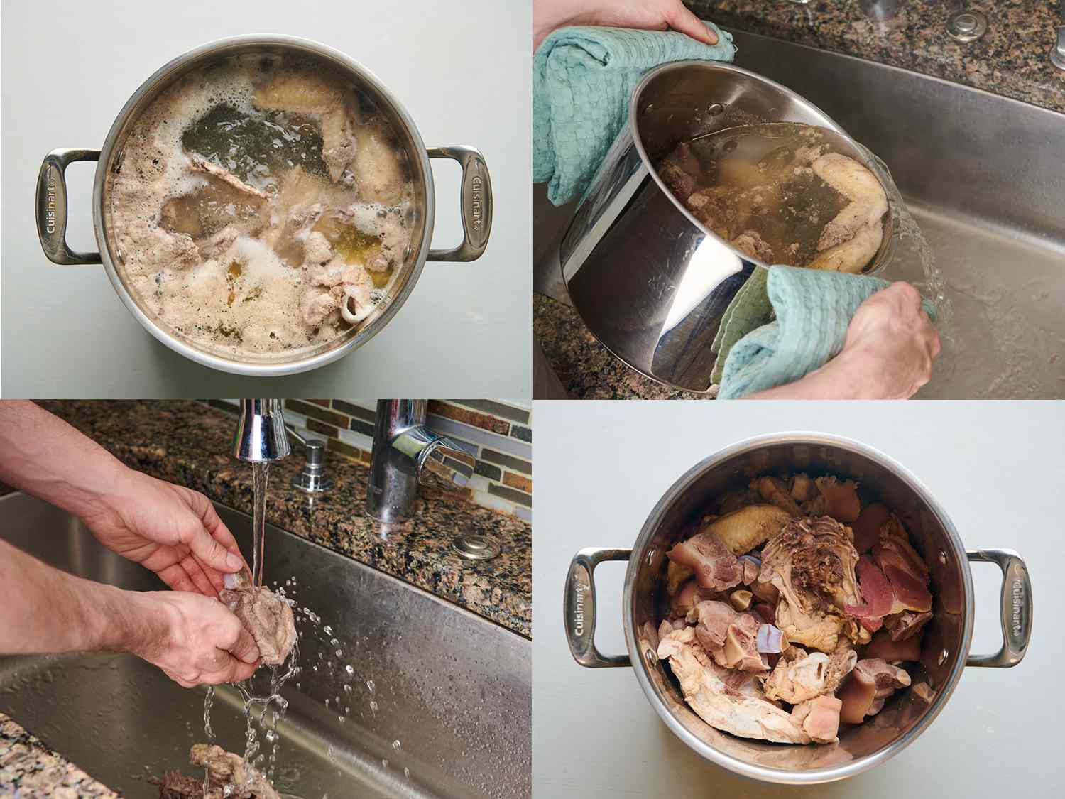 四幅图片的拼贴画。左上角的图片显示了鸡，猪蹄，火腿在一个大汤锅里的水里沸腾。右上方的图片显示了汤锅里的东西被倾倒到一个干净的水池里。左下方的图片显示了一双手在冰冷的自来水下清洗漂白的船只和肉类。右下角的图片显示了清理干净的骨头和肉回到汤锅。