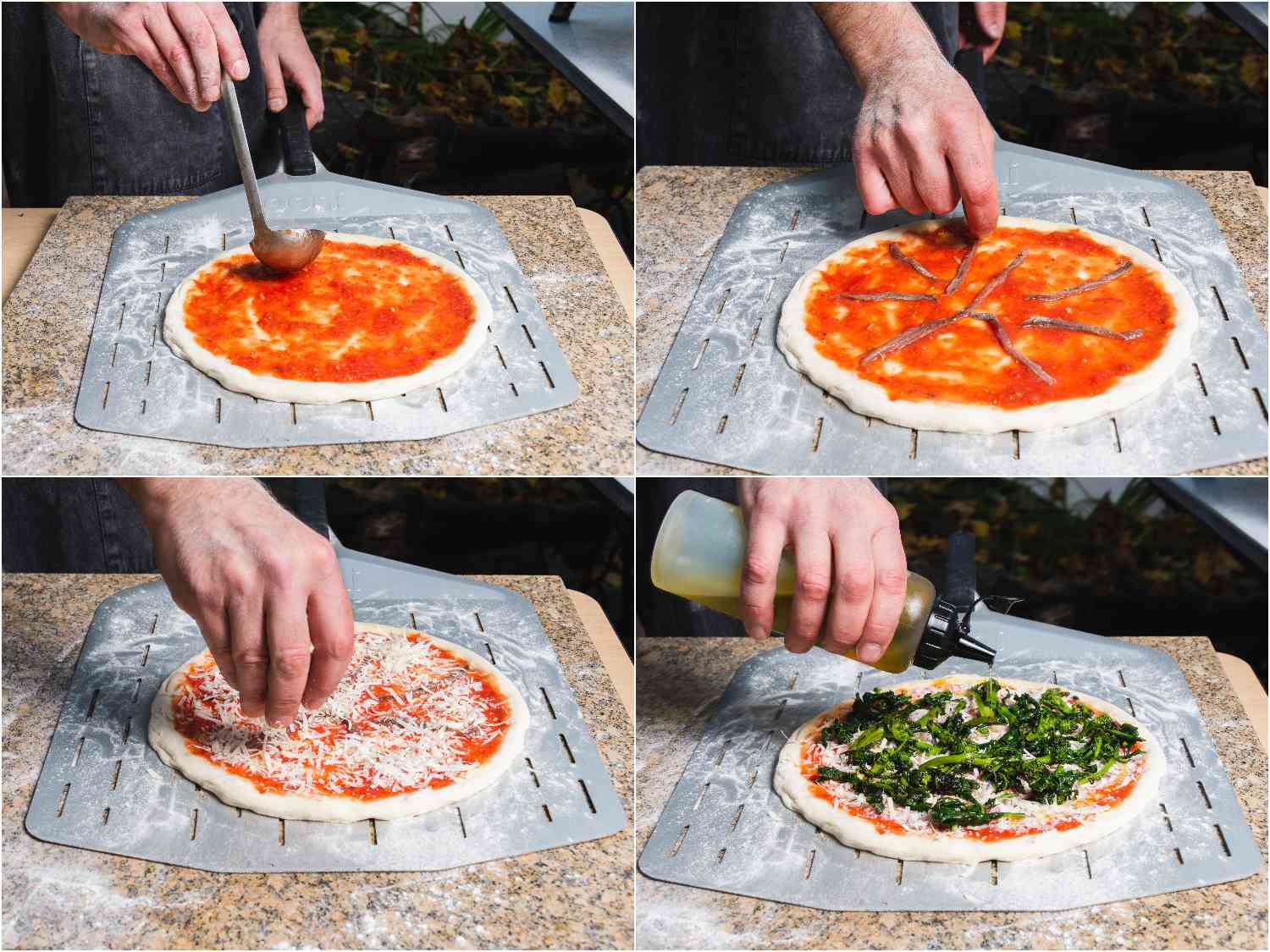 在拉伸的披萨面团上撒上番茄酱、凤尾鱼、磨碎的奶酪、烧焦的拉贝和橄榄油。