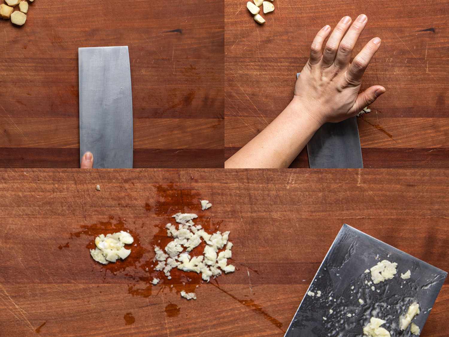 3步照片拼贴，用刀的一侧打碎切好的大蒜片