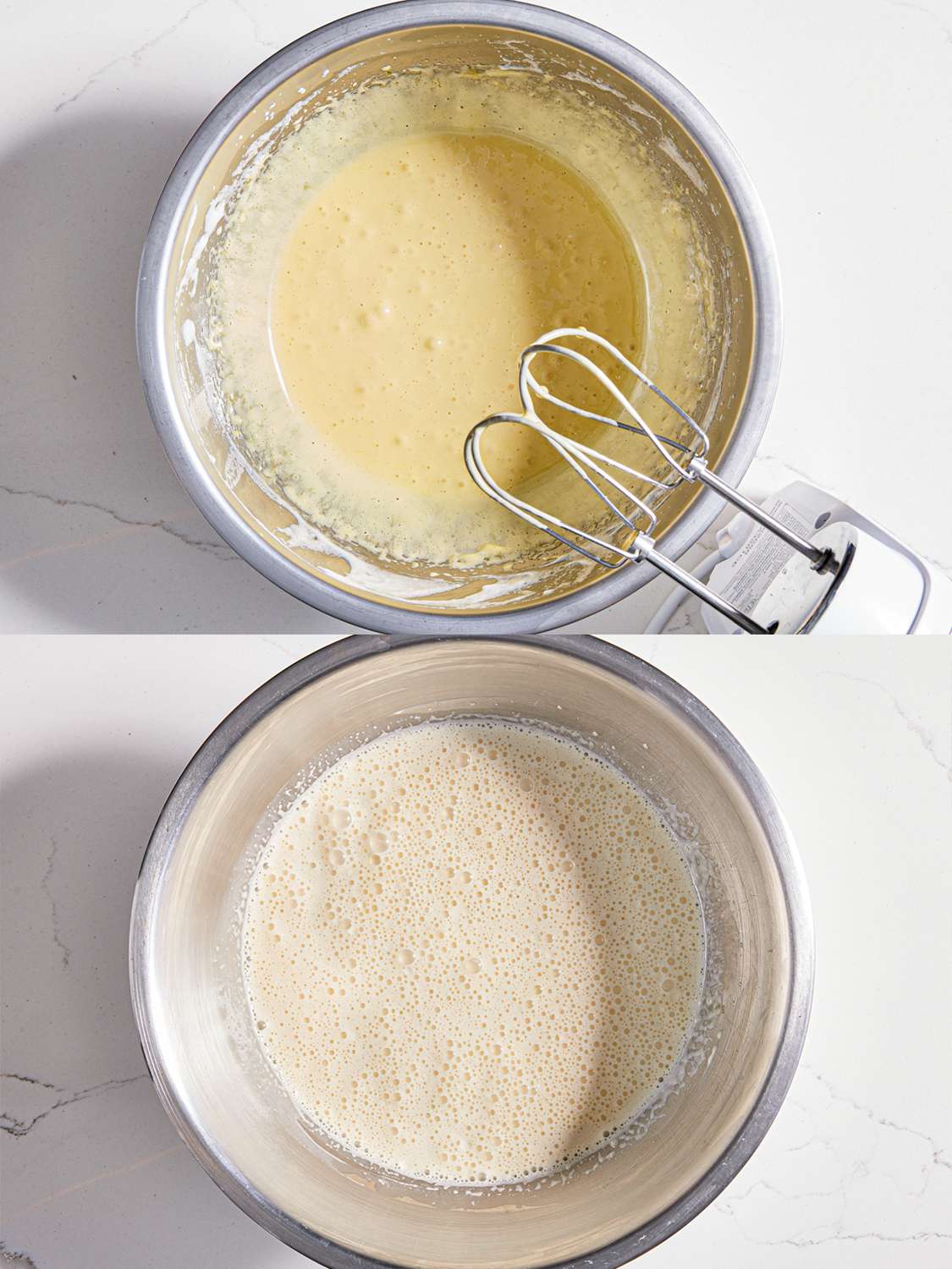 两个图像拼贴的蛋黄混合搅拌机站在一个金属碗gydF4y2Ba