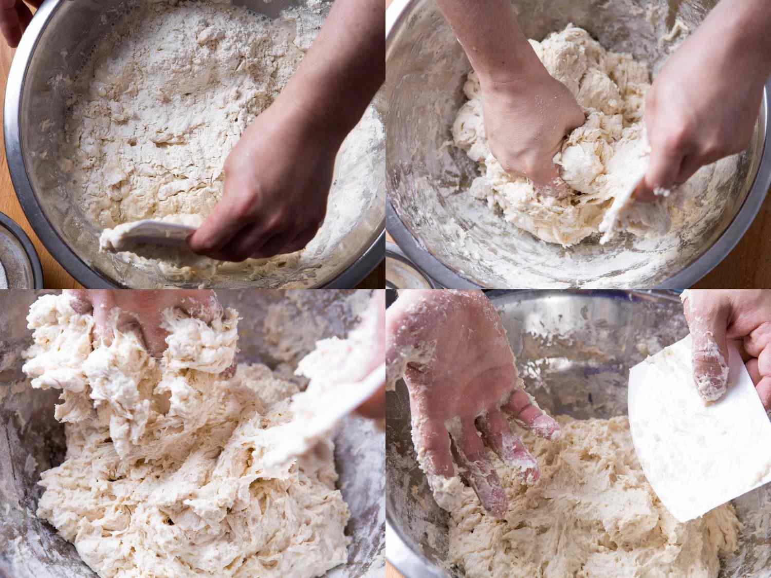 一幅拼贴画展示了一个非常潮湿和蓬松的面包面团放在一个金属搅拌碗里，两只手在搅拌它