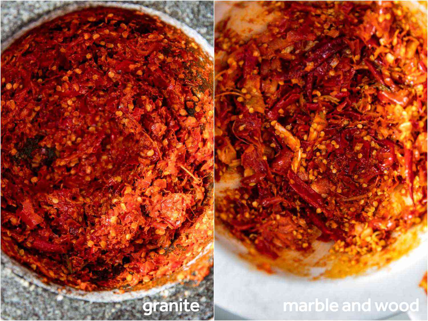 用两种不同的研钵和杵制作红色泰式咖喱酱