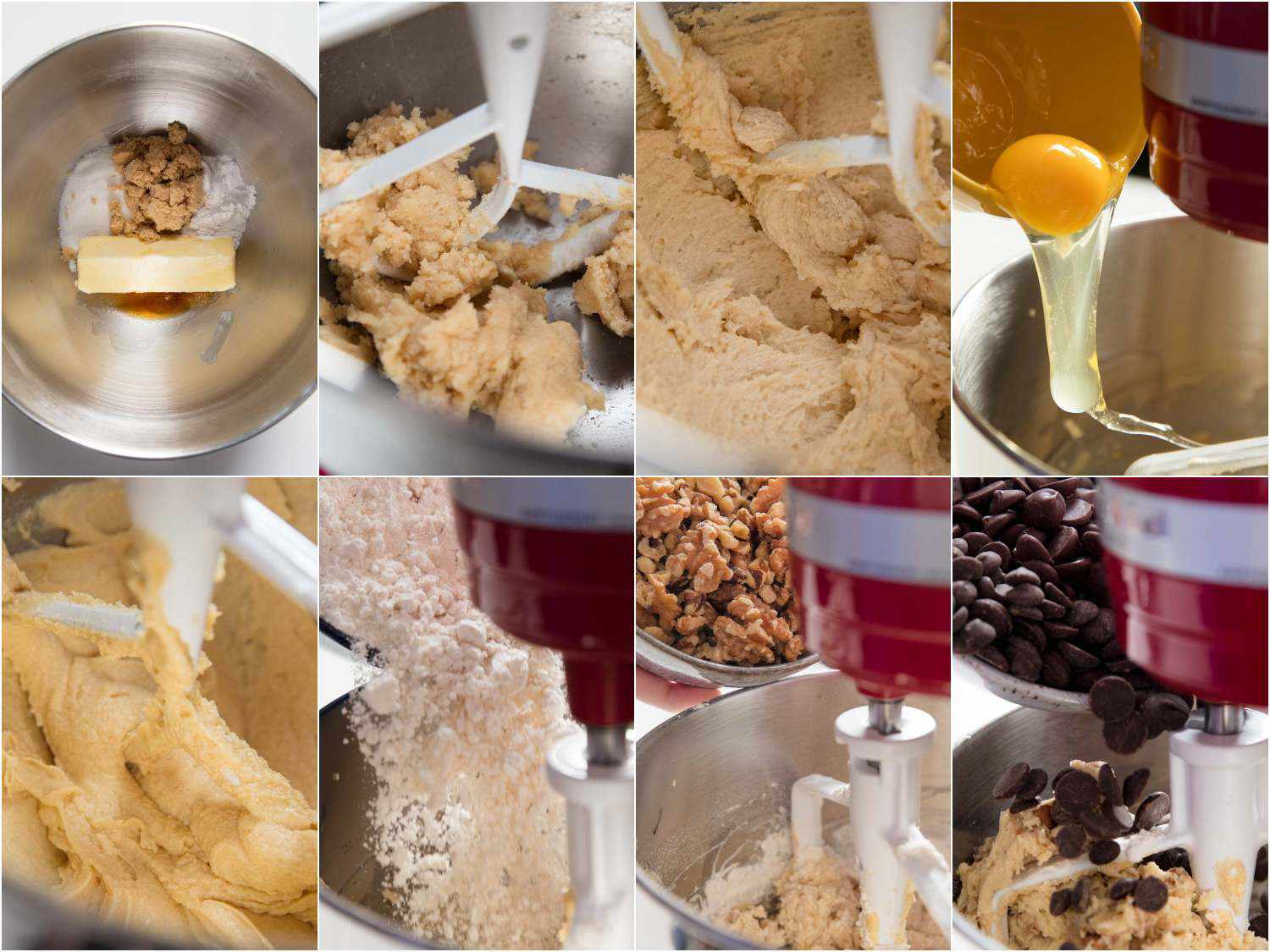 这是一组8张照片的拼贴画，展示了如何将黄油和糖搅拌在一起，加入鸡蛋，加入面粉，坚果和巧克力片，制作莱文风格的巧克力片饼干。gydF4y2Ba