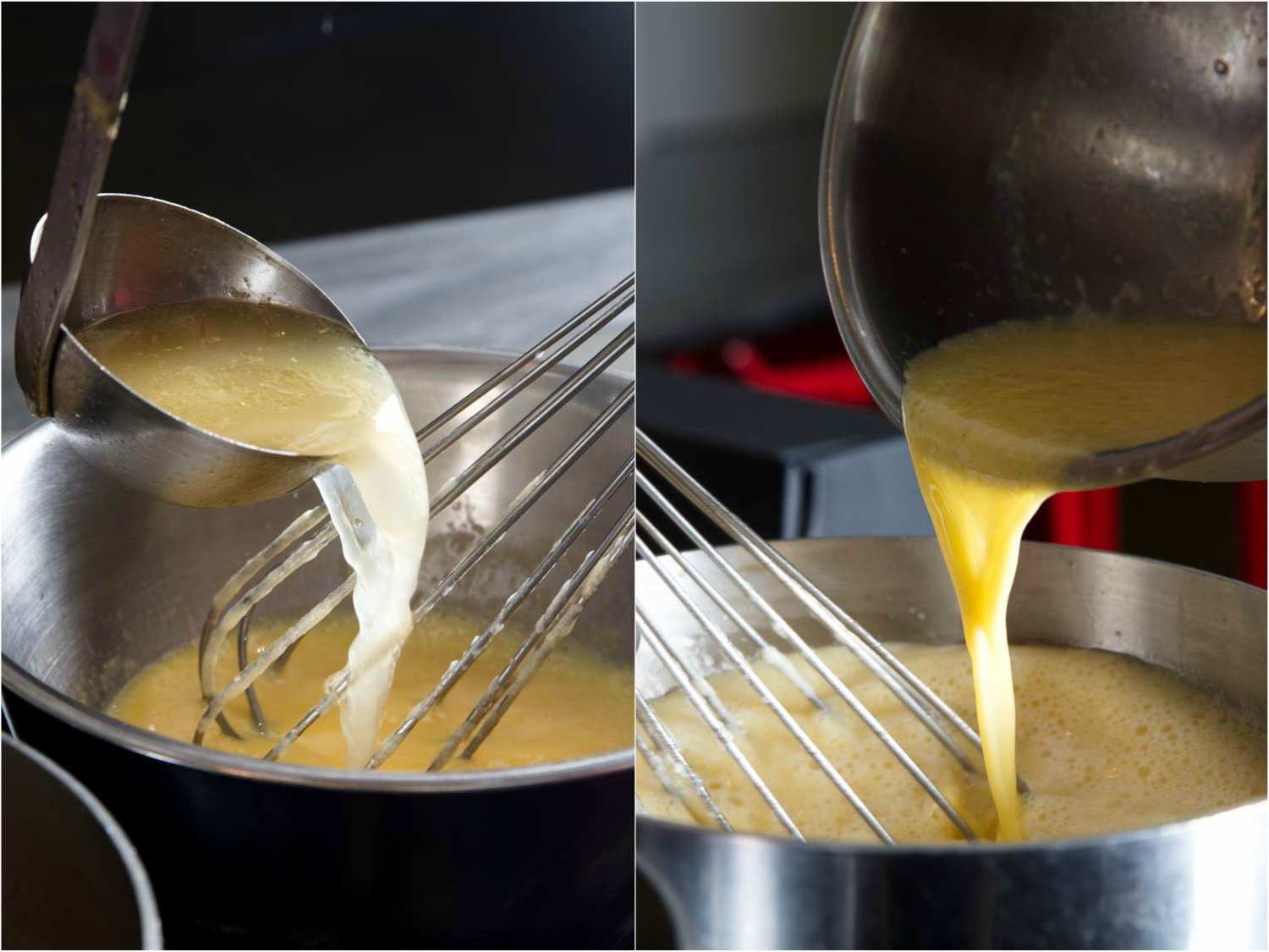 并排的照片和搅拌热的汤舀到鸡蛋混合物。gydF4y2Ba