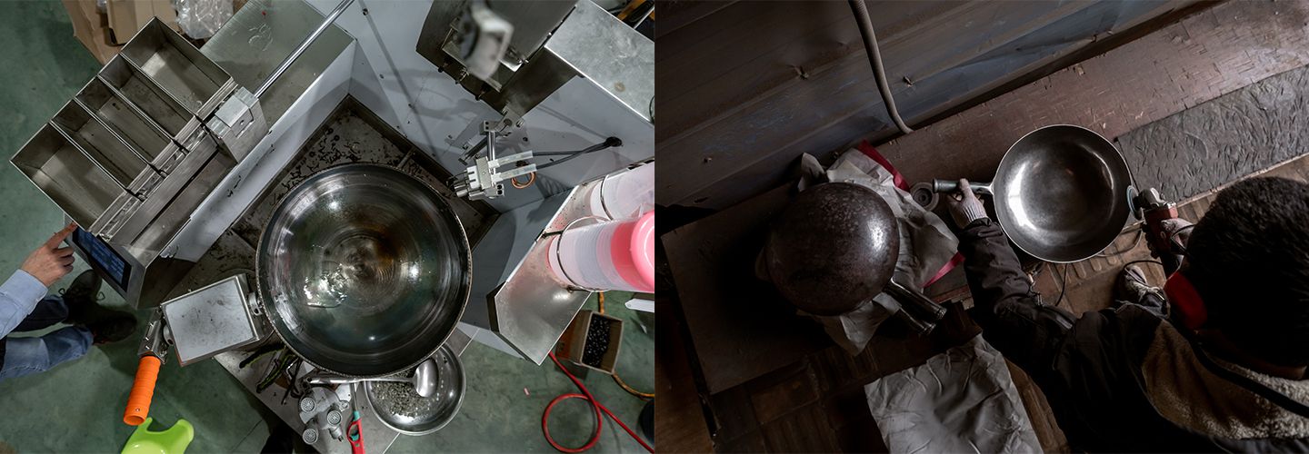 并排的照片，从上到下的视角，一个炒锅正在工厂里用机器制作，一个炒锅正在手工完成