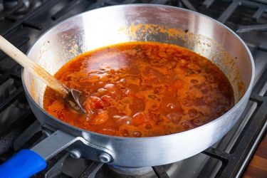 Tomato sauce simmering in the Winco stir-fry pan