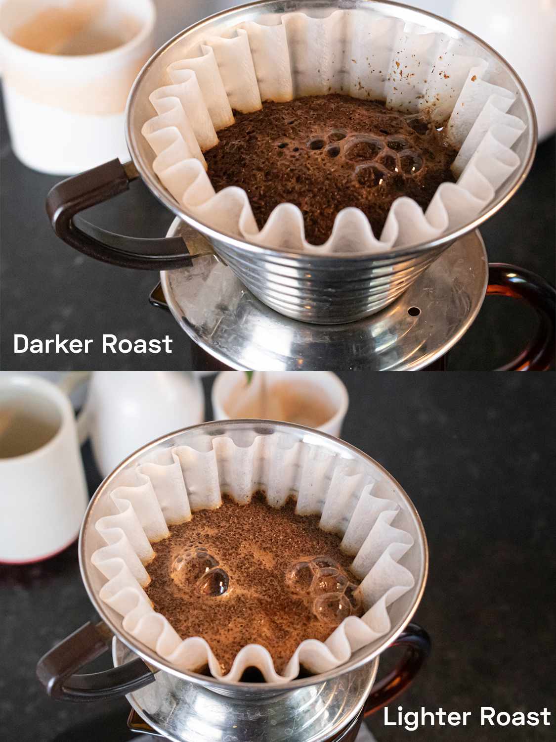 两个图像拼贴比较深和浅烤咖啡花朵