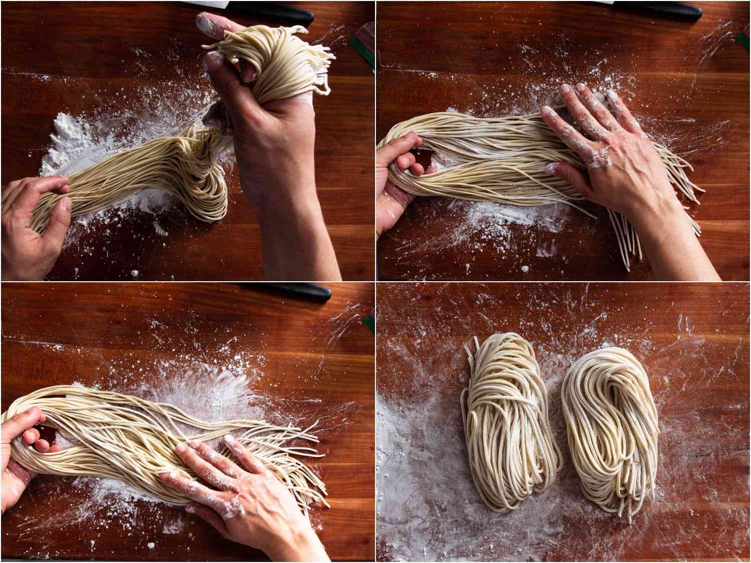 四张拼贴照片显示，人们用手在刚切好的拉面上撒上土豆淀粉，结果面条变成了两捆。