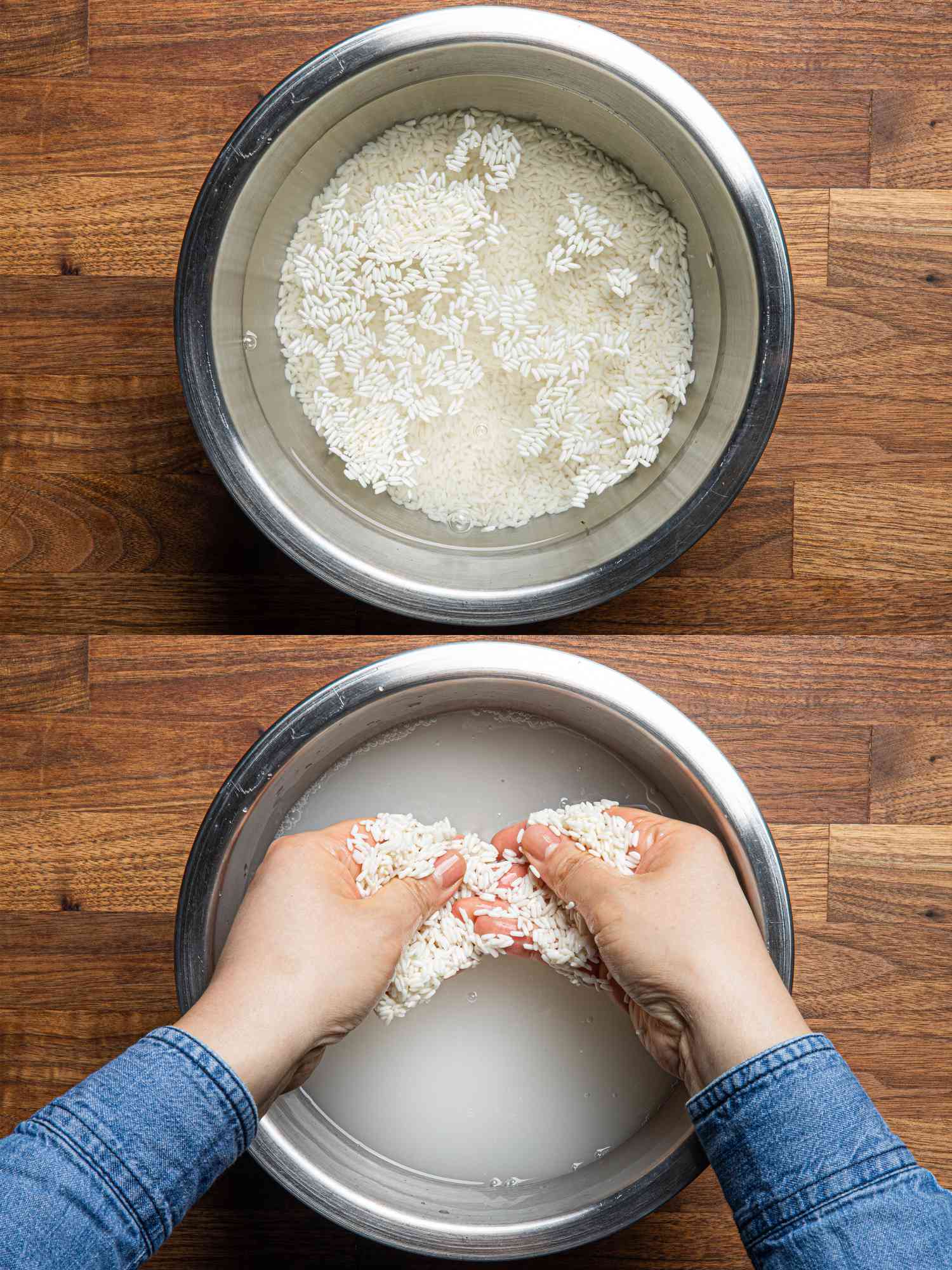 两个图像拼贴洗大米和打破它的手