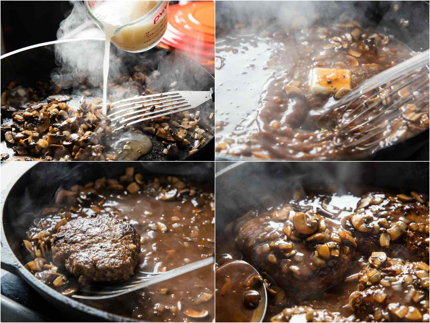 拼贴画描绘建造平底锅酱的索尔兹伯里牛排，添加玉米淀粉和高汤，黄油，和熟牛排