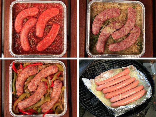 拼贴四张香肠和热狗的照片，用各种调味剂烹饪
