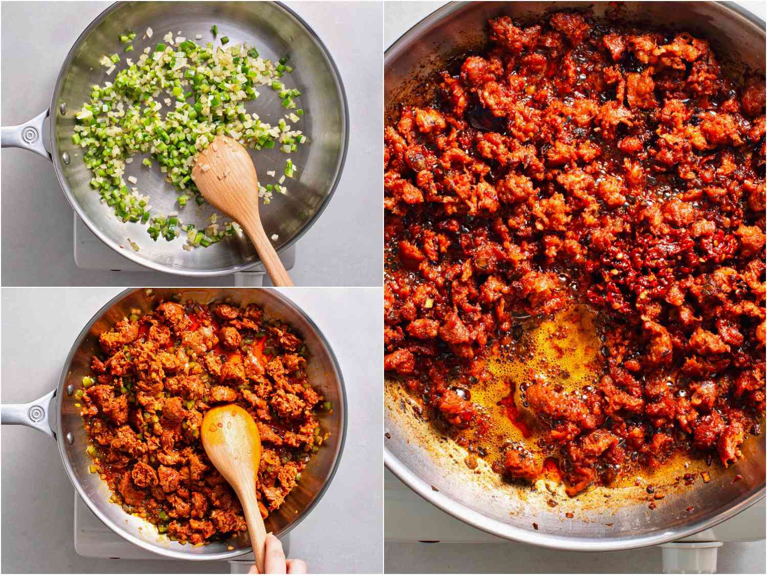 拼贴画:用煎锅煮洋葱和大蒜;添加香肠;所有东西一起煮