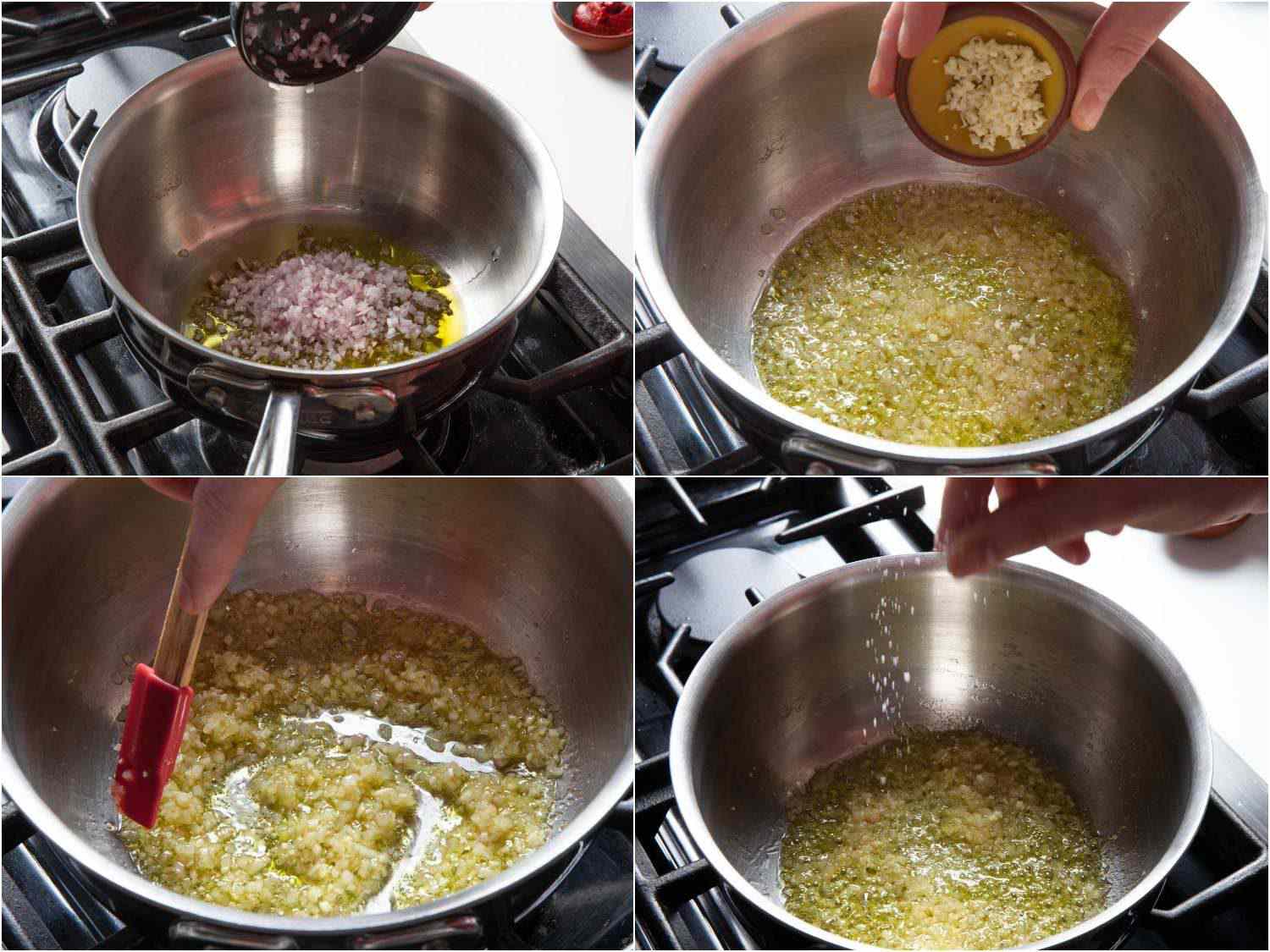 Photo collage of sweating shallots and garlic in a saucier before adding rice.