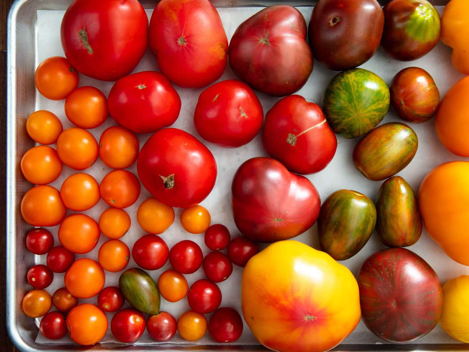 俯瞰一盘不同大小和颜色的完整西红柿。gydF4y2Ba