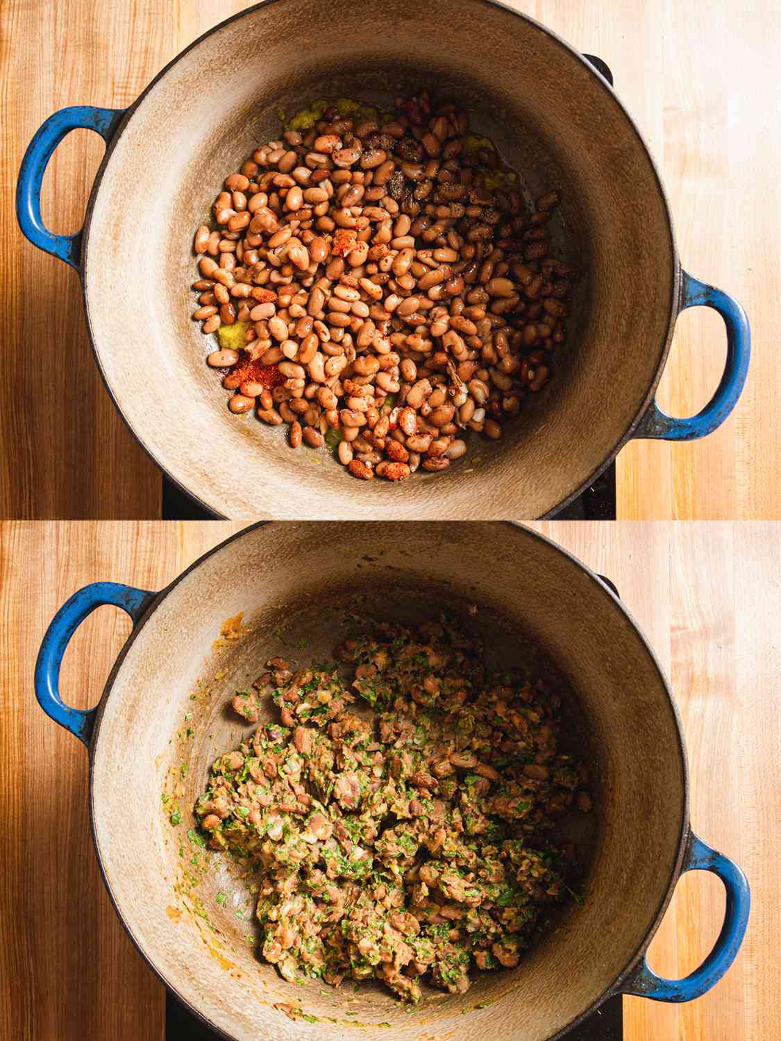 把豆沙捣碎放进锅里。