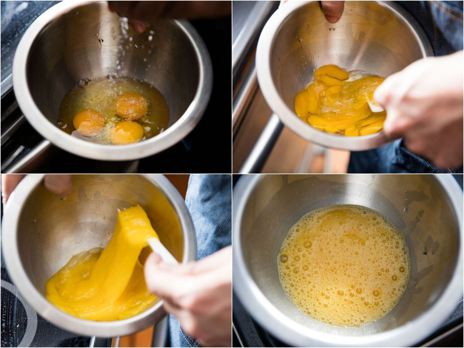 为法式煎蛋卷准备鸡蛋的拼贴照片:在碗里腌制鸡蛋，用叉子搅拌直到混合，搅拌后的鸡蛋起泡gydF4y2Ba