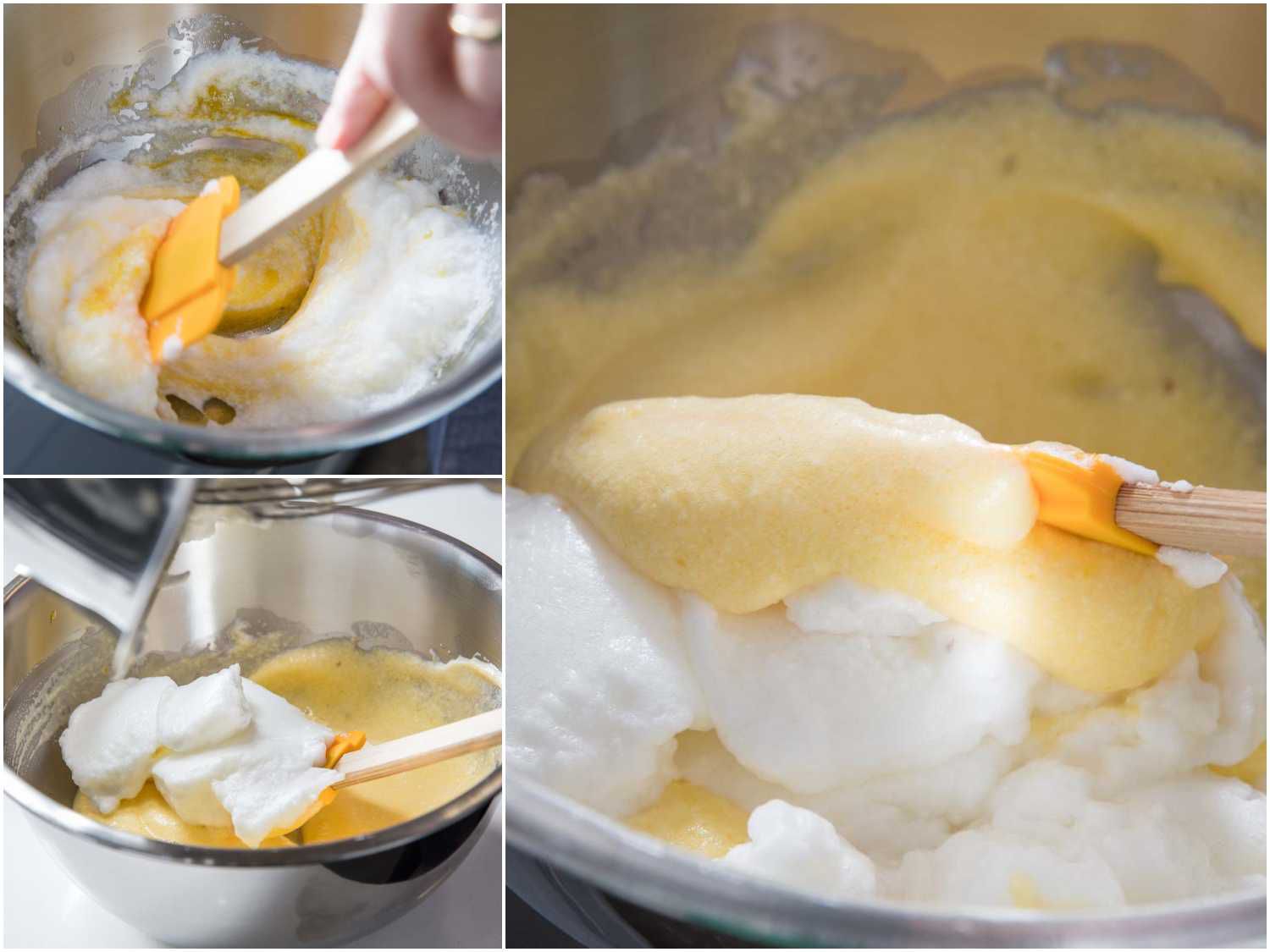 图片拼贴展示如何将蛋白折叠成蛋黄和奶酪的混合物soufflé煎蛋卷。