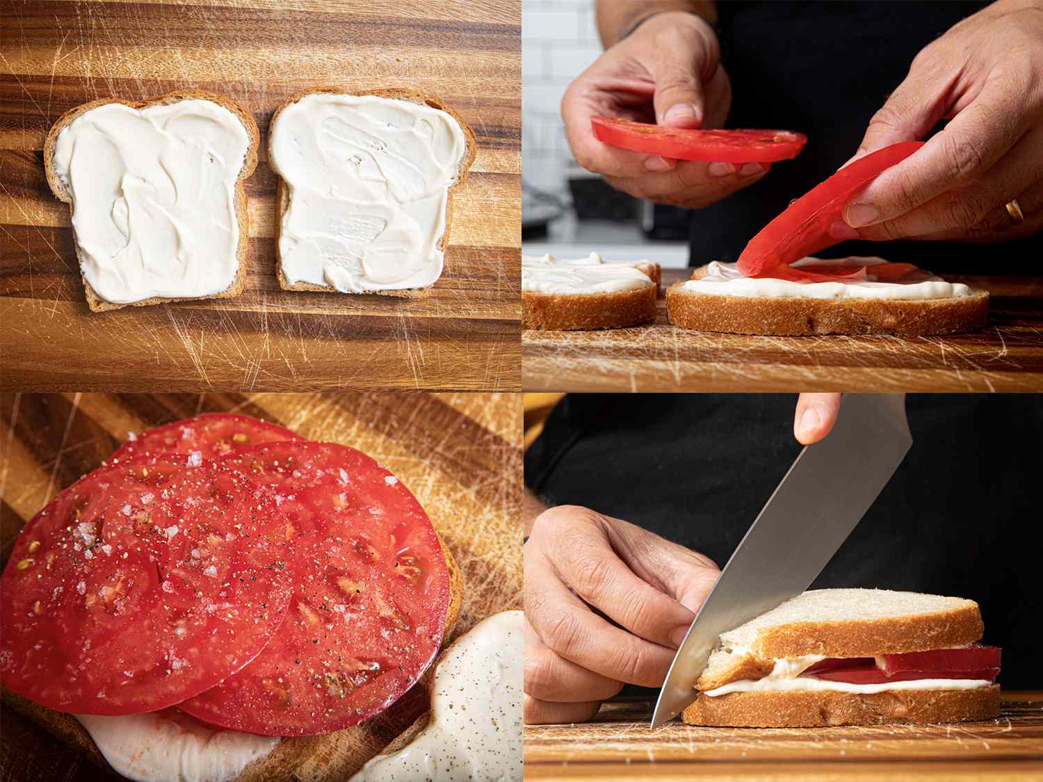 四个图像拼贴。左上:两片面包在梅奥。右上:两只手把西红柿放在面包,从侧面观察。左下:近距离的西红柿用盐和胡椒调味。右下角:侧面对角线上的番茄三明治被削减