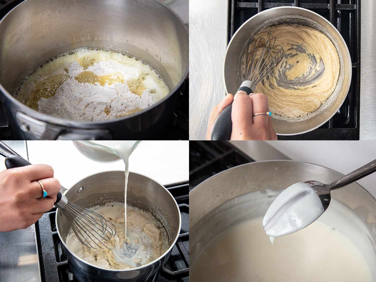 四个图像拼贴。右上:面粉和黄油在锅里。左上:面粉和黄油搅拌至易碎。左下:牛奶被倒入锅中。右下:勺子测试显示酱汁覆盖勺子。