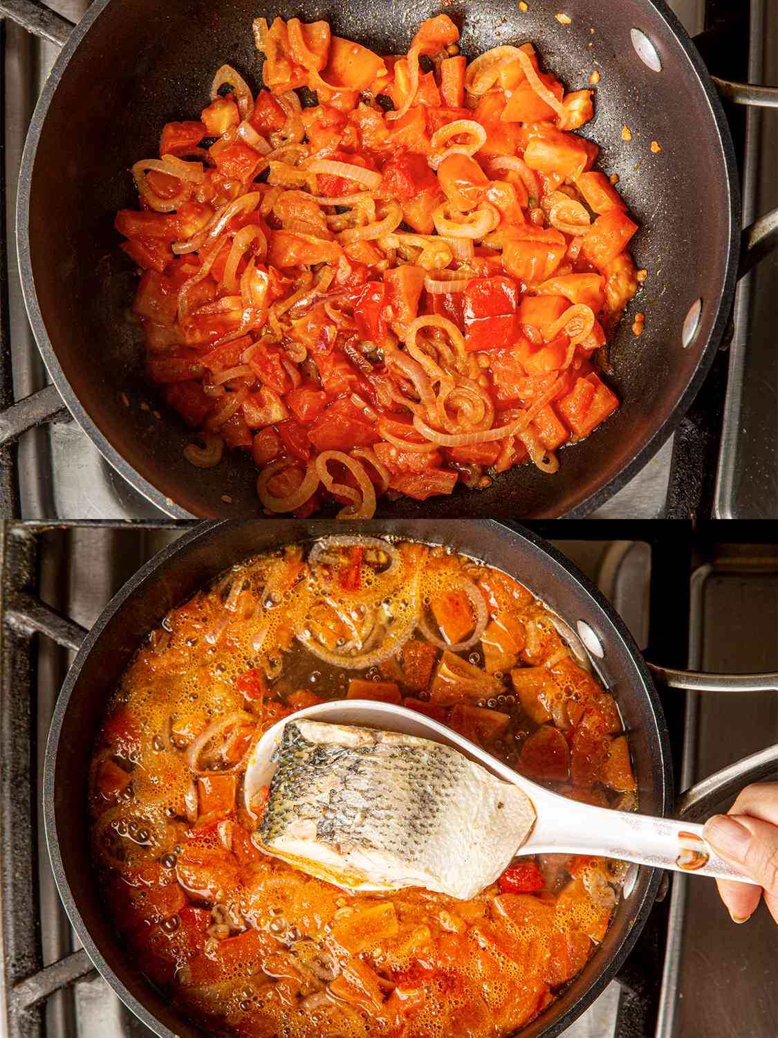 两个图像拼贴的俯视图番茄和洋葱被煮下来和鱼被添加到汤的基础