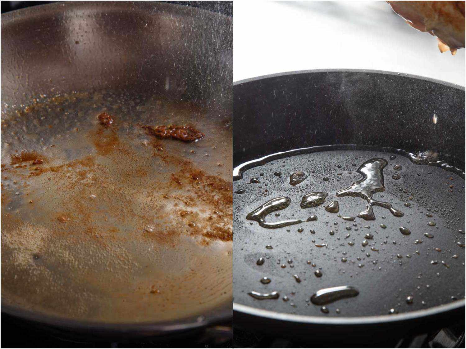 一个并排的图像，显示了在不锈钢煎锅底部发展的喜爱(褐变)，与不粘锅的缺乏相比。