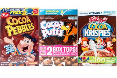 Boxes of Cocoa Pebbles, Cocoa Puffs, and Cocoa Krispies.