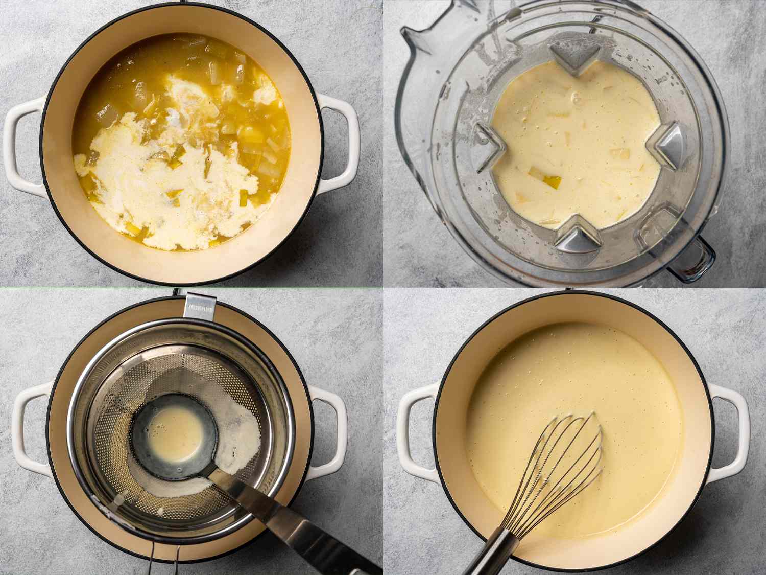 拼贴:用搅拌机搅拌土豆韭菜汤，然后倒入细网滤网，再放入锅中搅拌。