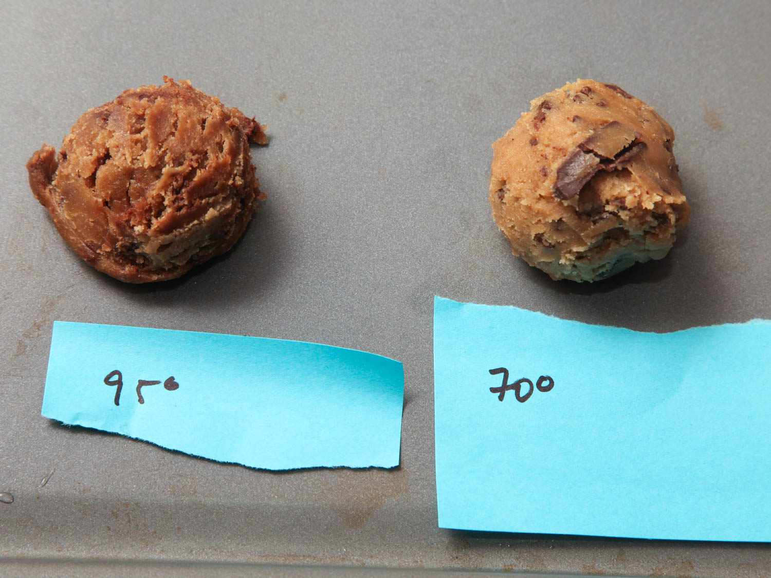 巧克力饼干面团的对比图，显示了将巧克力混合到加热到95华氏度(左)和室温(右)的面团中的效果。gydF4y2Ba