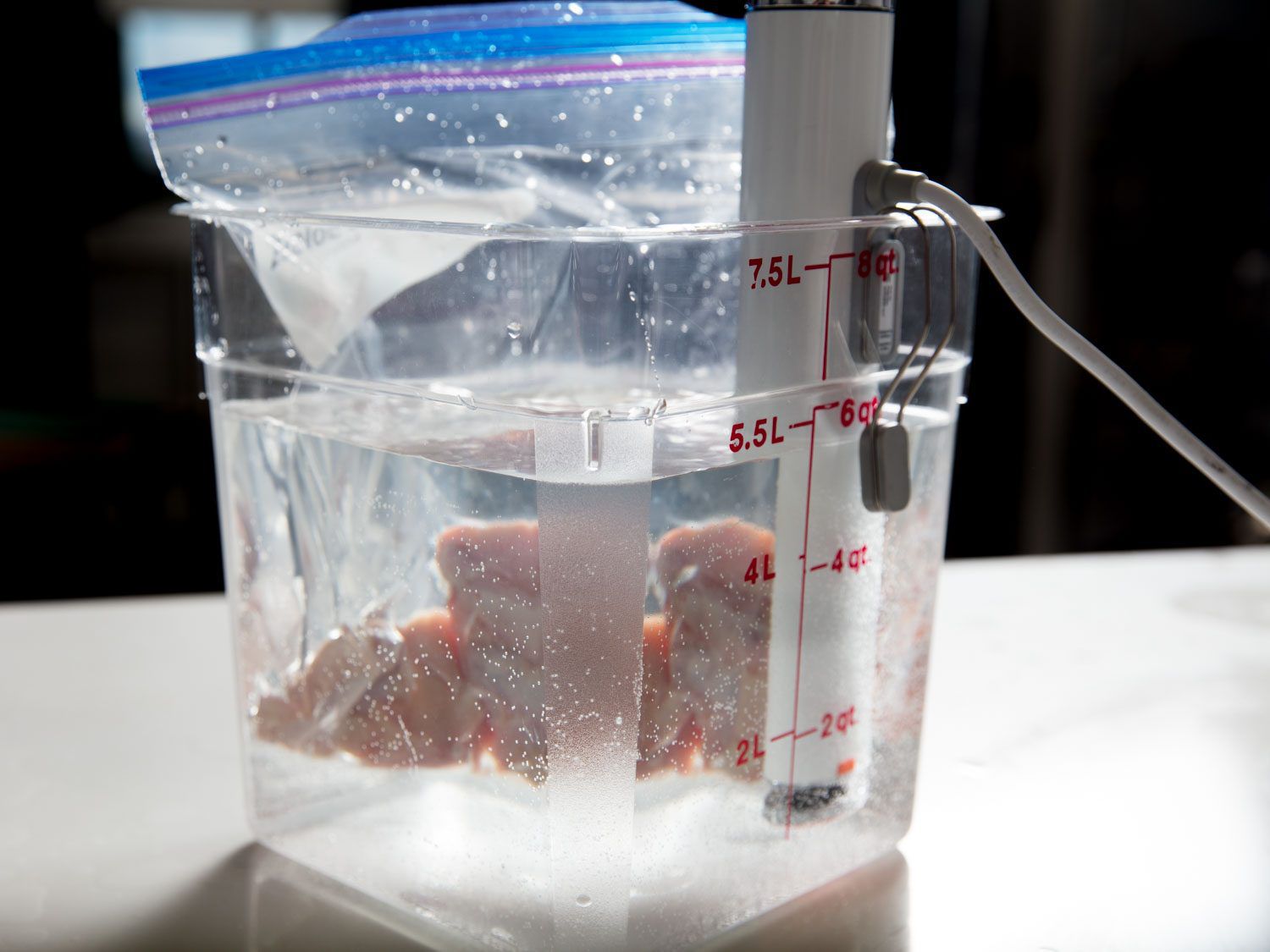 真空包装鸡翅在水浴的温度,是由一个浸入式循环器控制