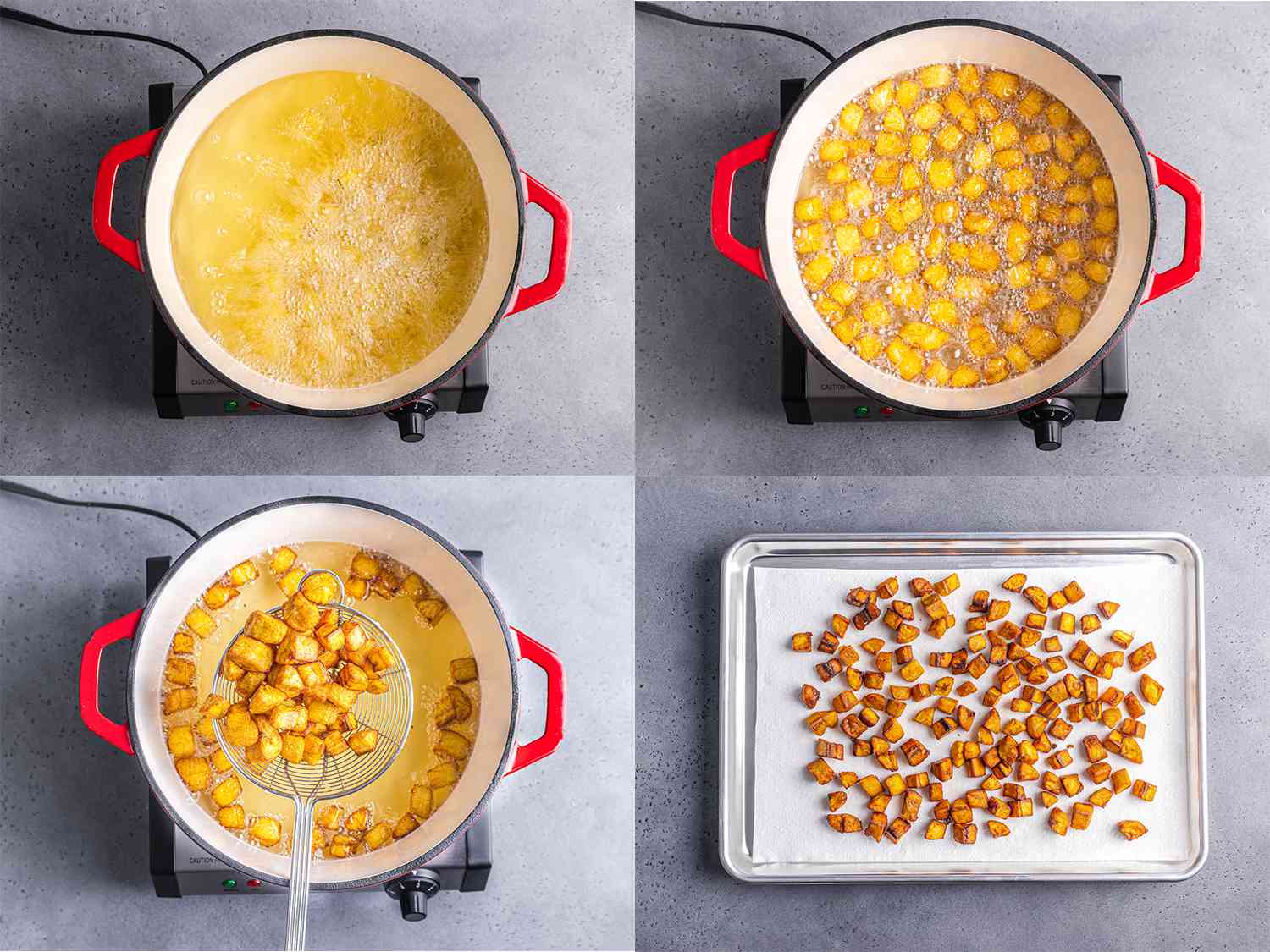 4图像拼贴,顺时针方向从左上角:石油在荷兰烤肉锅冒泡,大蕉油煎,大蕉被挖出的石油使用金属蜘蛛,和油炸大蕉放在一个烤盘