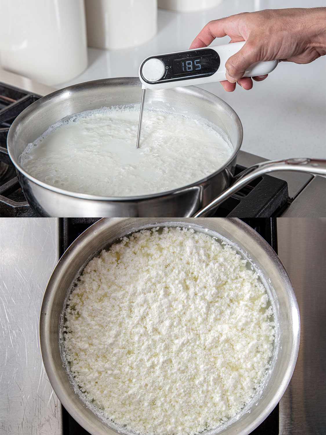 两个图像拼贴。上图:一只手拿着温度计，在沸腾的牛奶中显示185度。下:俯视图的锅显示新形成的牛奶凝乳