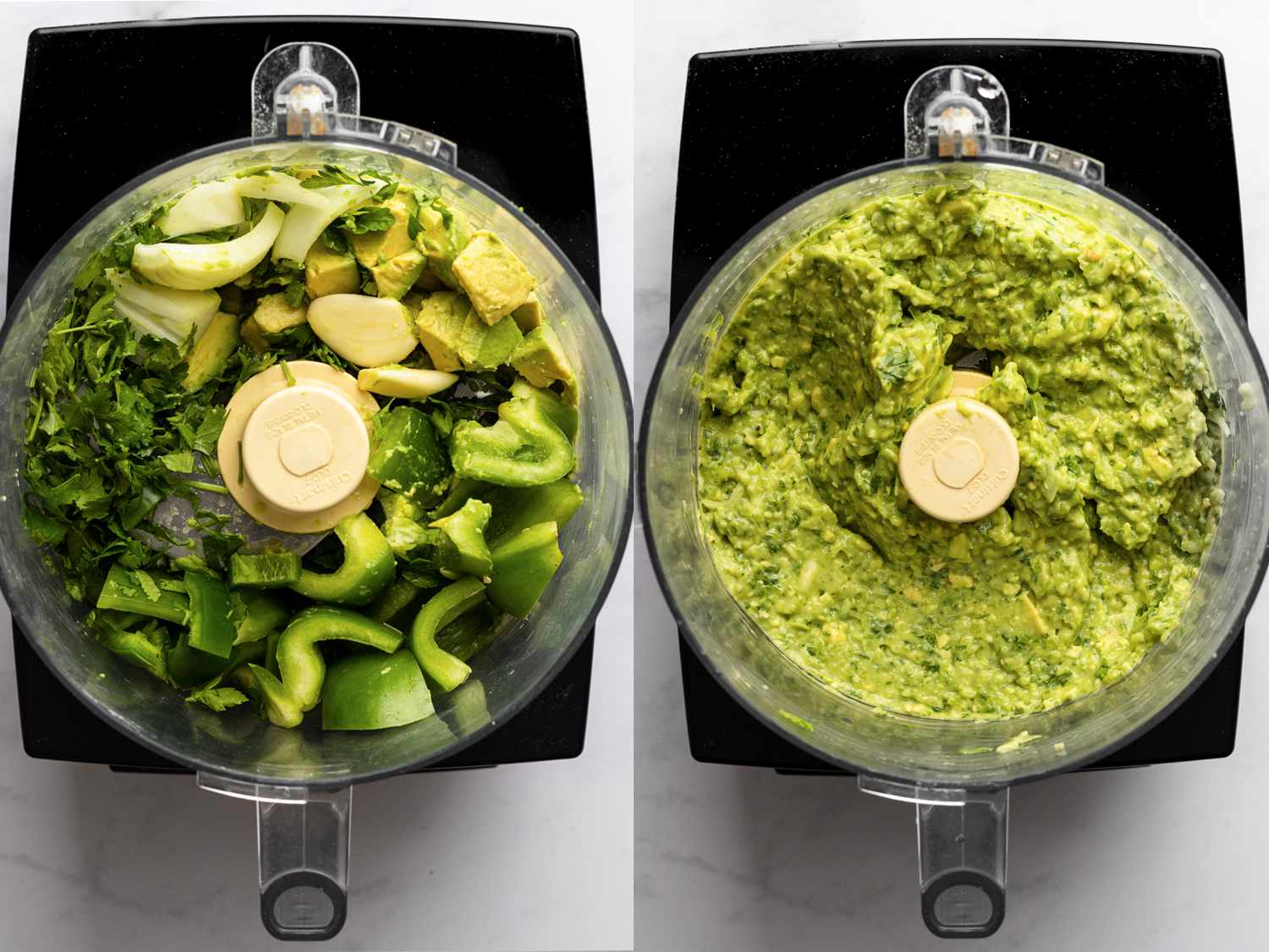 两幅图像的拼贴画。左图显示的是食物加工机里切碎的蔬菜，右图显示的是所有食材一起加工成浓稠的果泥。开云体育波胆