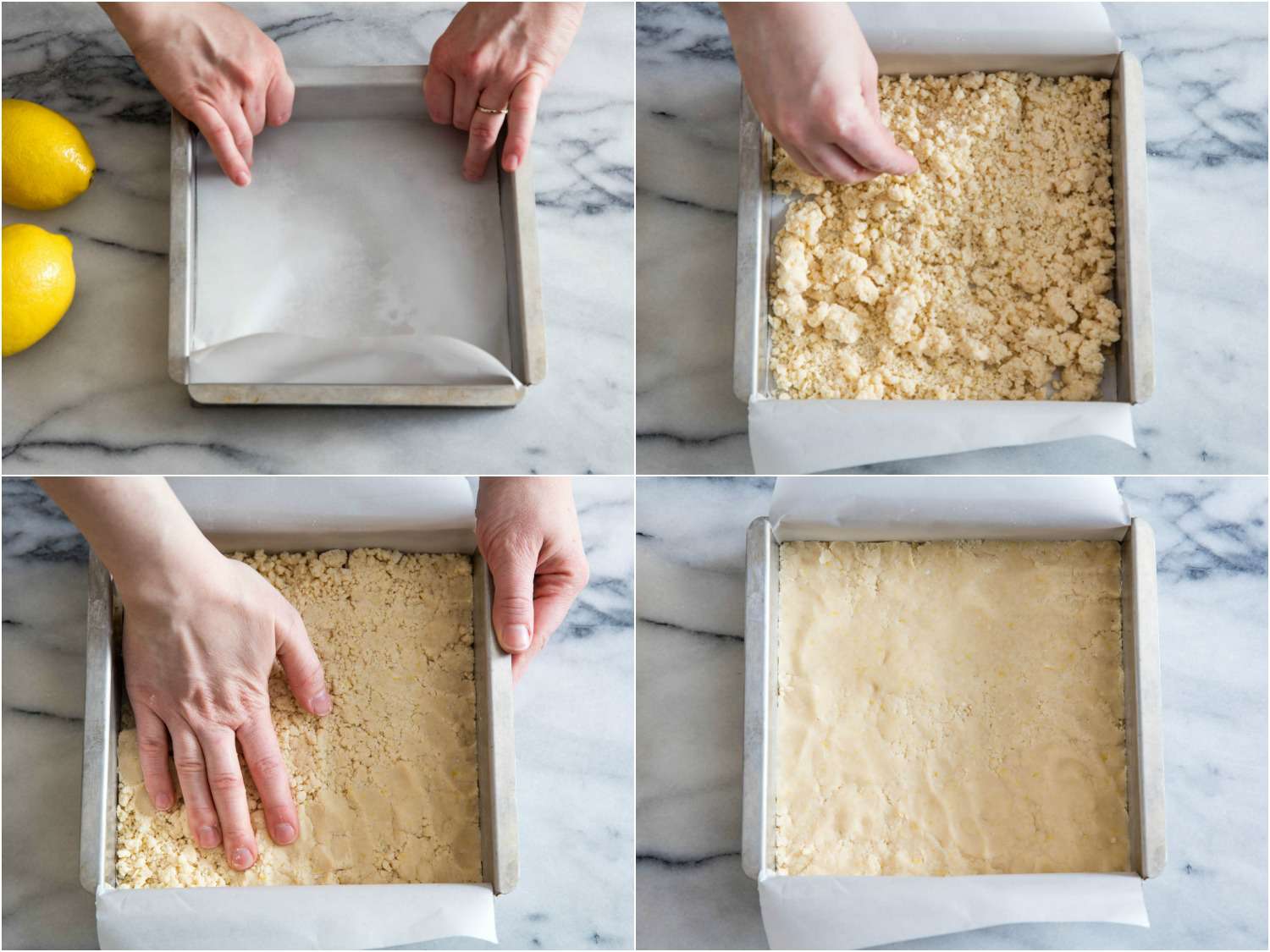 照片拼贴显示内衬烤盘与羊皮纸，添加柠檬条饼皮到锅，并压成均匀层。