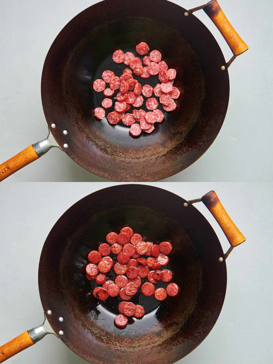 两个影像拼贴。上图显示中国香肠切片滋味碳钢锅内。下面的图片显示了香肠现在褐色的锅。