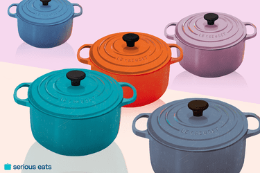 an illustration Le Creuset Dutch ovens of various colors