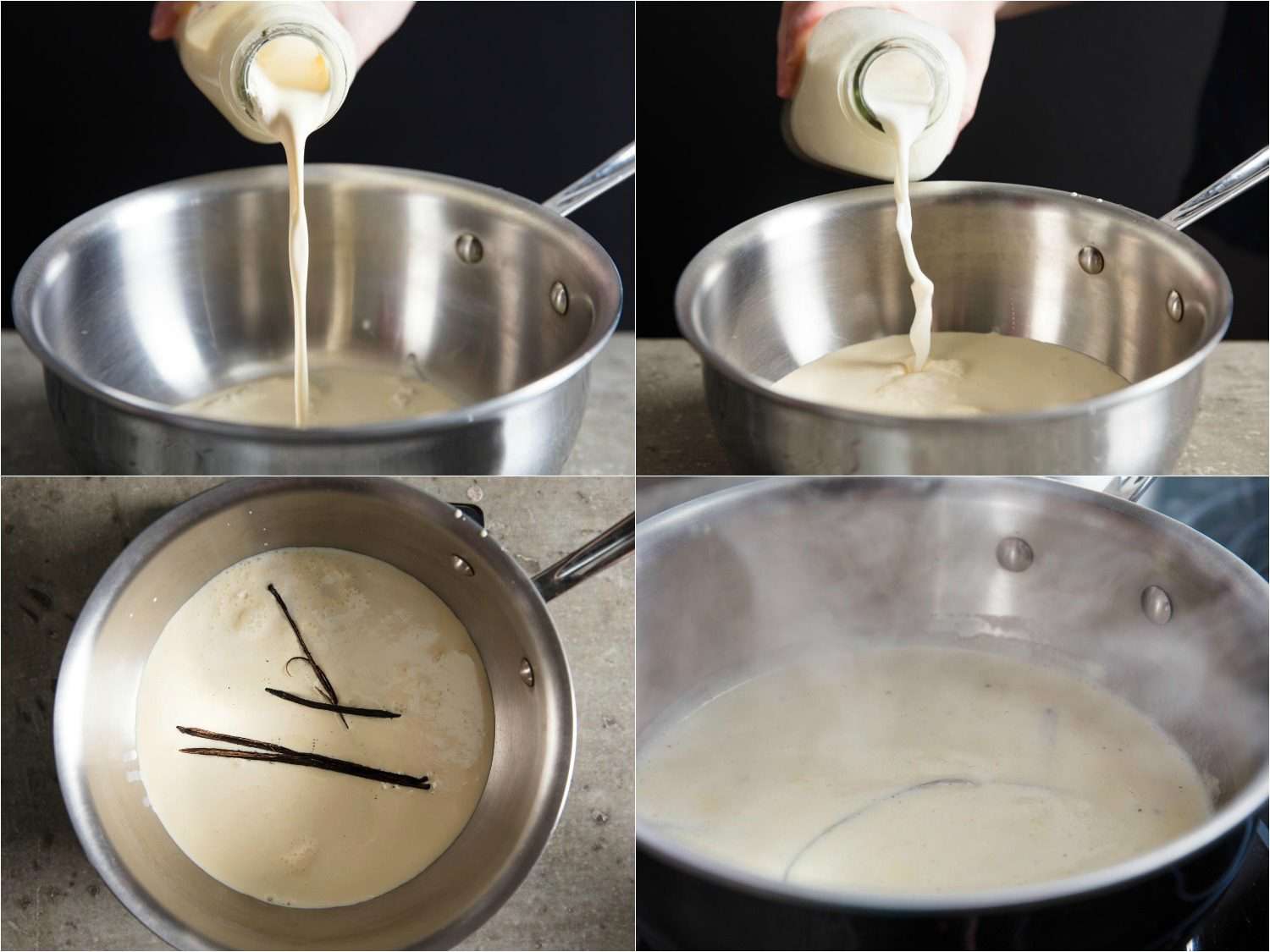 拼贴画展示了在一个装有香草豆荚的罐子里注入牛奶的四个阶段。