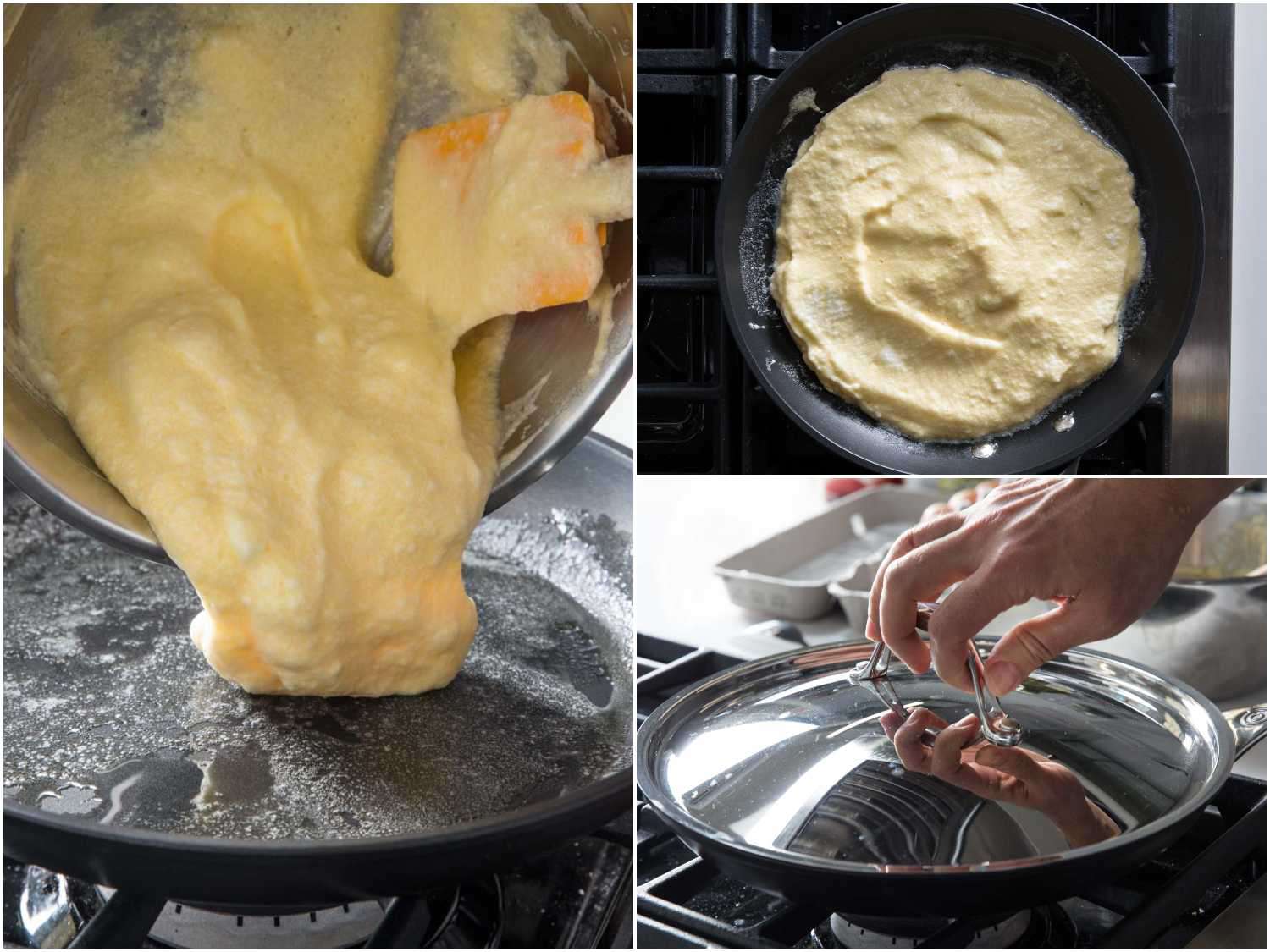 照片拼贴显示添加soufflé混合物到热煎锅，覆盖它，并烹饪。