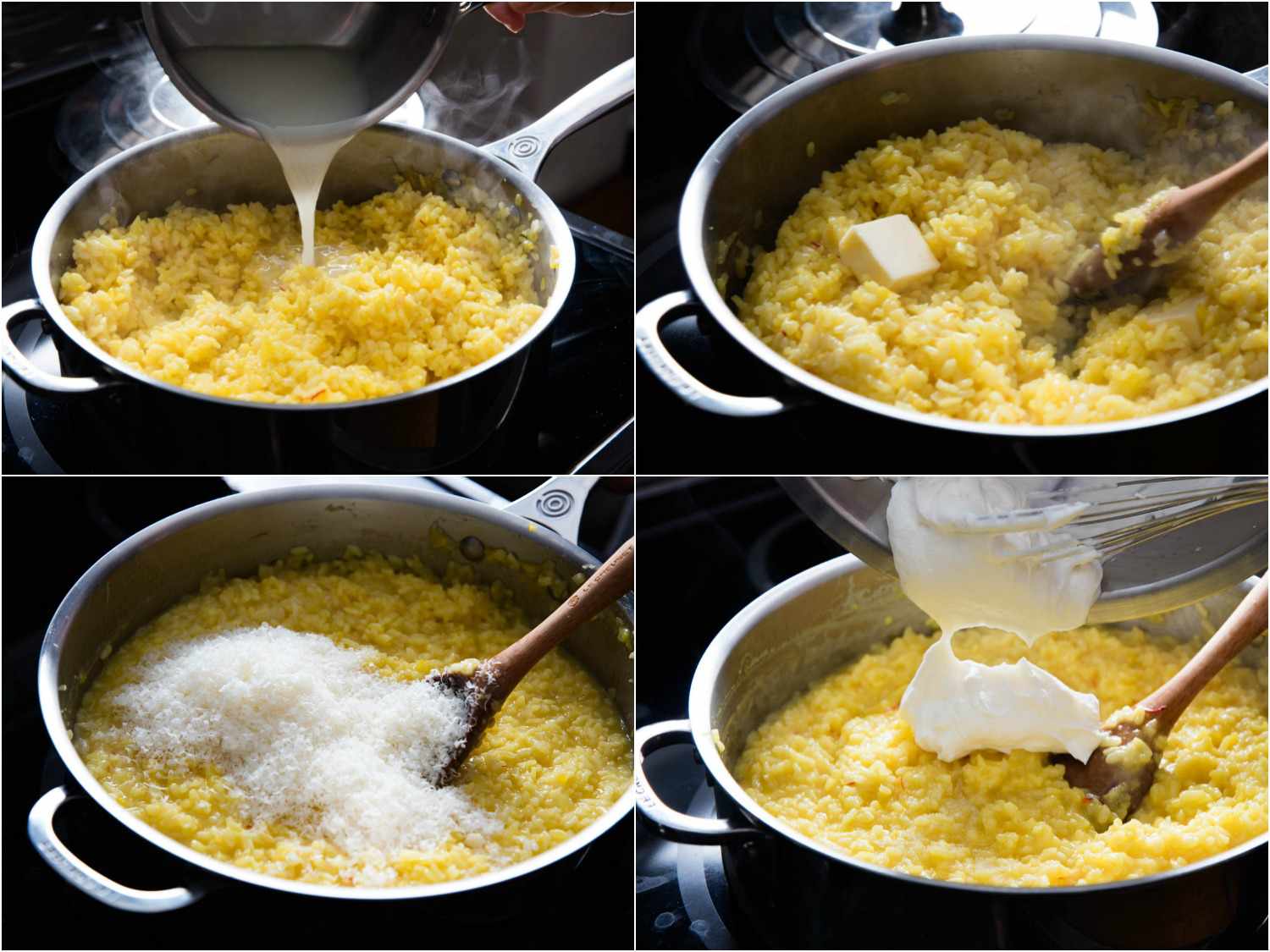 把高汤、黄油、奶酪和鲜奶油加入一锅米兰烩饭的拼贴画。gydF4y2Ba