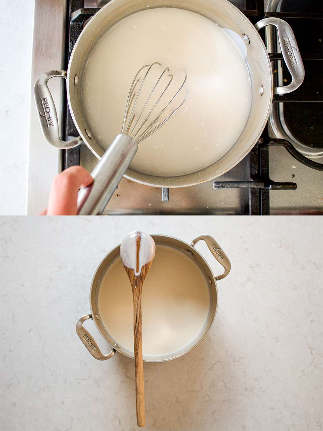 两个图像拼贴的顶视图的酸奶在炉子上煮熟,然后移除热量