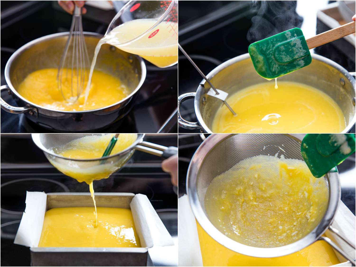 照片拼贴展示了将柠檬汁搅拌到鸡蛋和糖的混合物中，在炉子上烹饪混合物，然后滤入羊皮纸内衬的烤盘中制作柠檬棒。