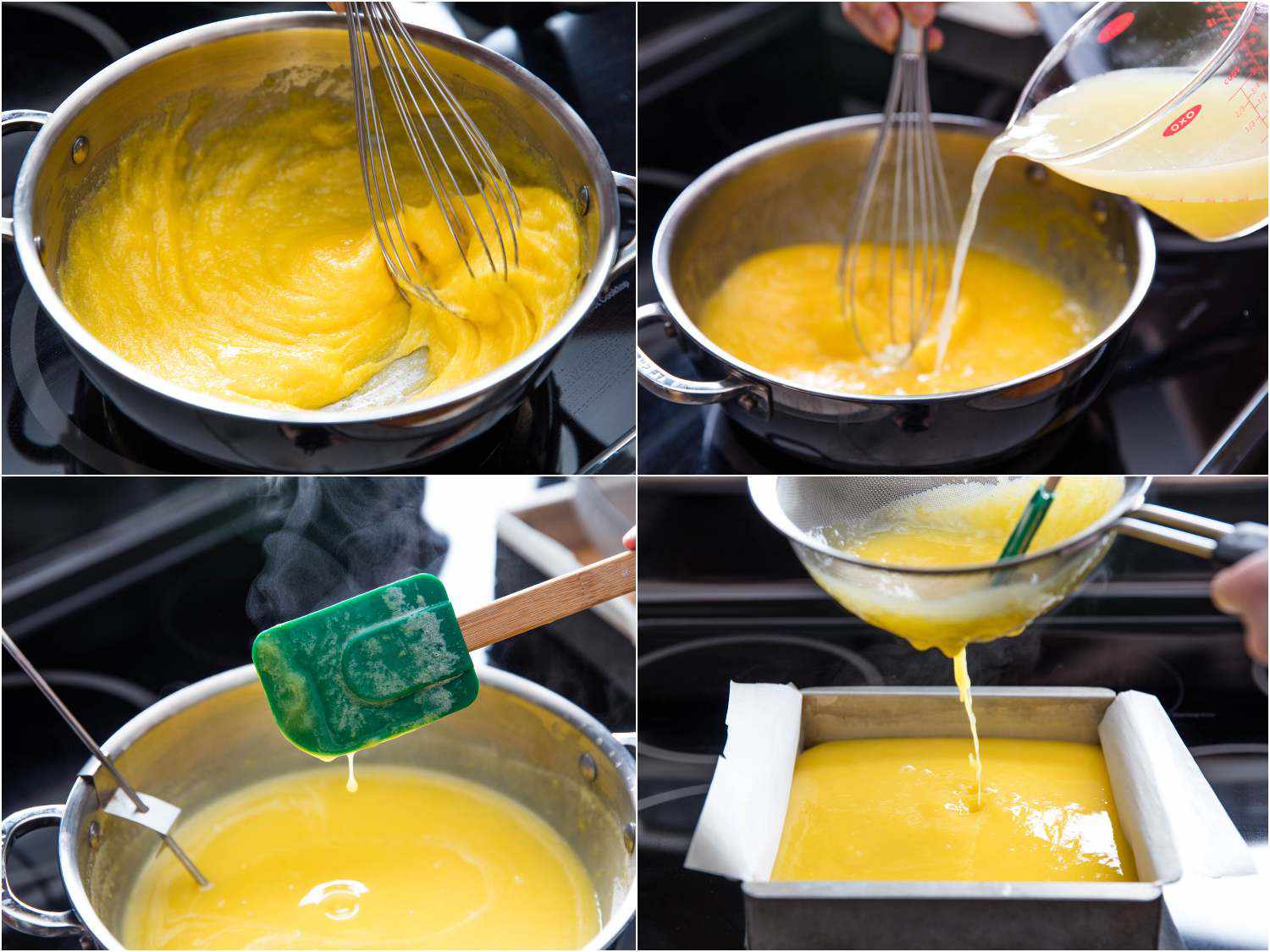 照片拼贴展示了在平底锅中搅拌柠檬条填充材料，将蛋奶沙司煮到170华氏度，并在烤盘中过滤外壳。开云体育波胆